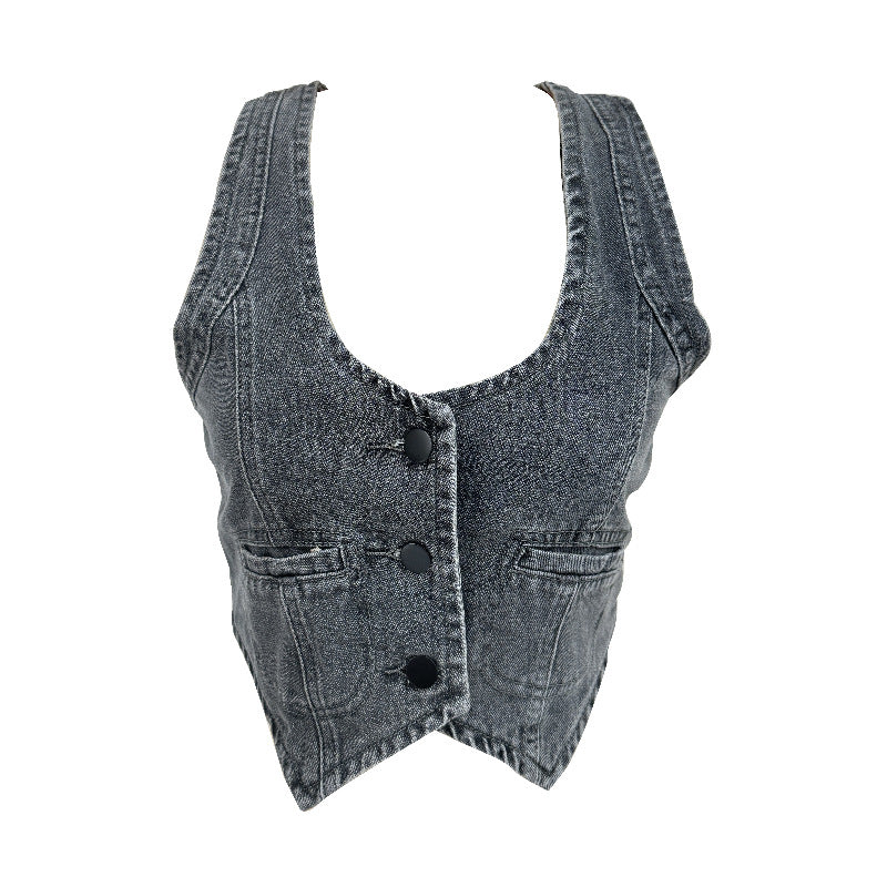 Dame Denim-vest med moderne V-udskæring og praktiske lommer Skovae
