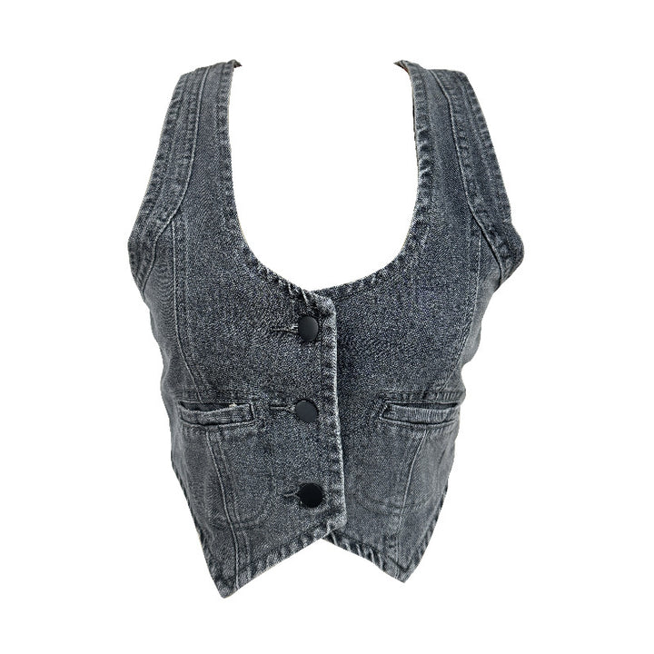 Dame Denim-vest med moderne V-udskæring og praktiske lommer Skovae