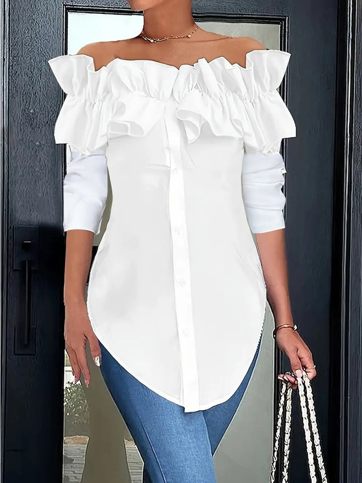 Dame Elegant Bluse med Ruffle detaljer og hjerteformet U-udskæring Stilla
