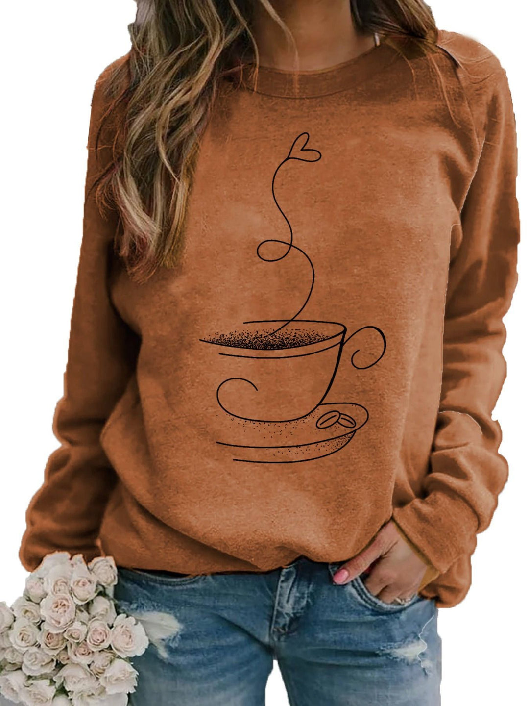 Dame sweatshirts med kaffekopper-motiv og rund halsudskæring Stilla