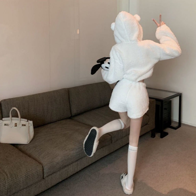 Kvinders hyggelige hoodie-sæt med ører og elastisk taljeband