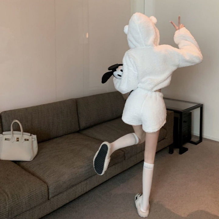 Kvinders hyggelige hoodie-sæt med ører og elastisk taljeband