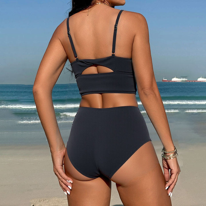 Dame Højtaljet Bikini-sæt med raffineret V-udskæring og rynket design Skovae