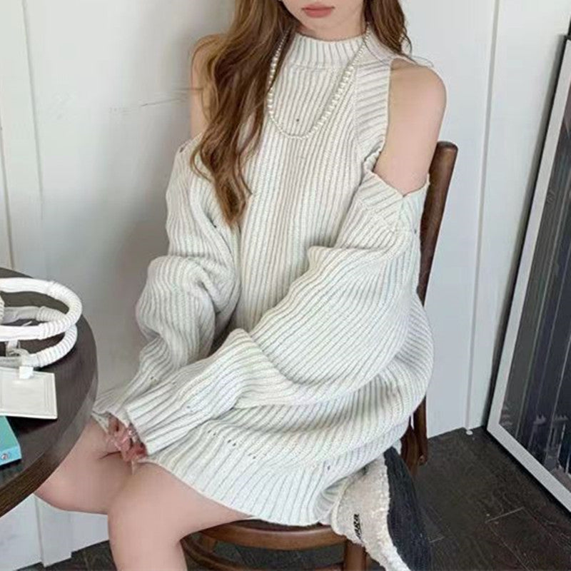 Kvinders strikket kjole med off-the-shoulder look og ribbet struktur Stilla