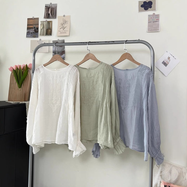 Femme Elegant Broderet Langærmet Bluse Stilla
