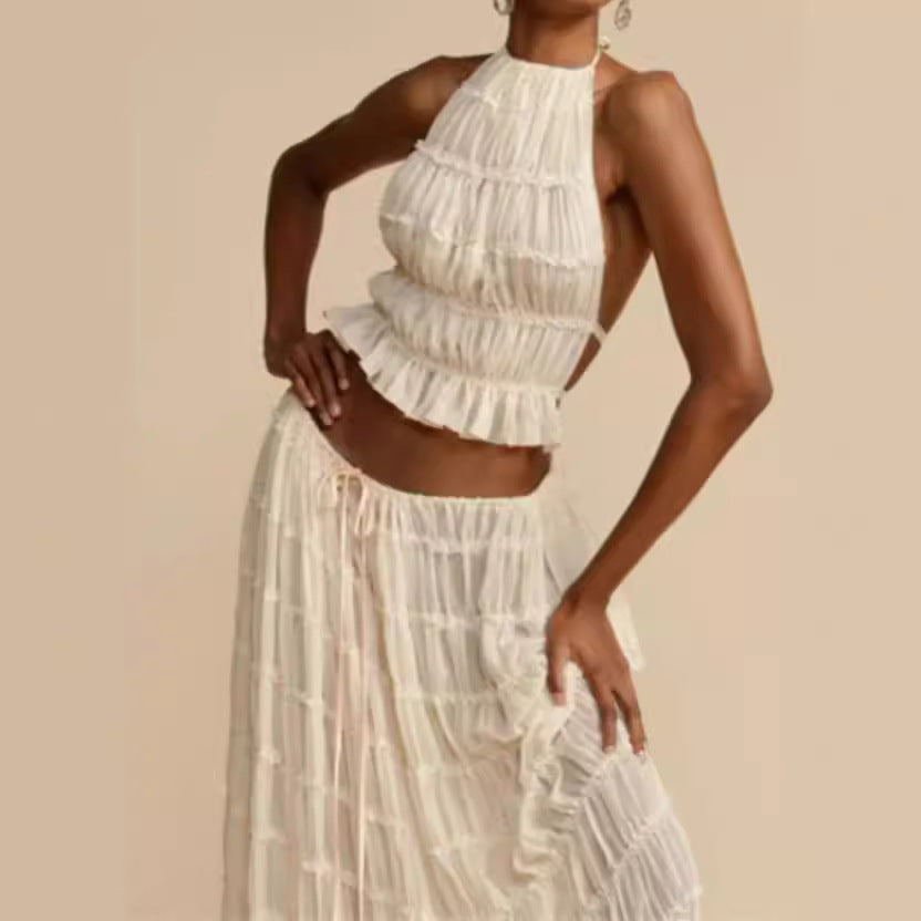 Dame elegant maxikjole med volangdetaljer og cut-out-elementer Skovae