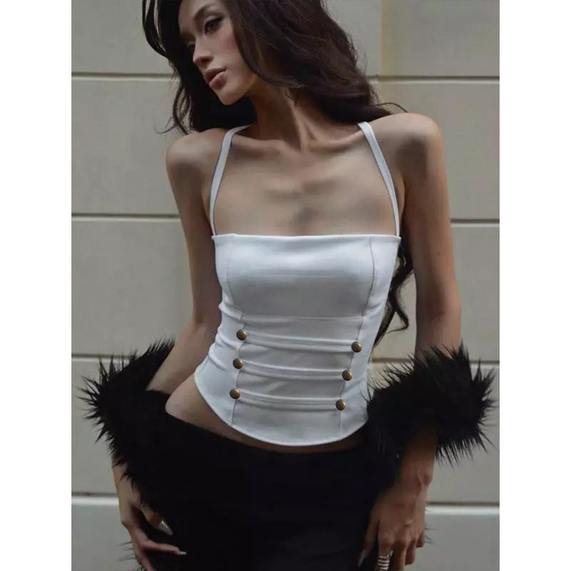 Damen Stylisches Top mit verstellbaren Spaghettiträgern und Knopfdetail Skovae