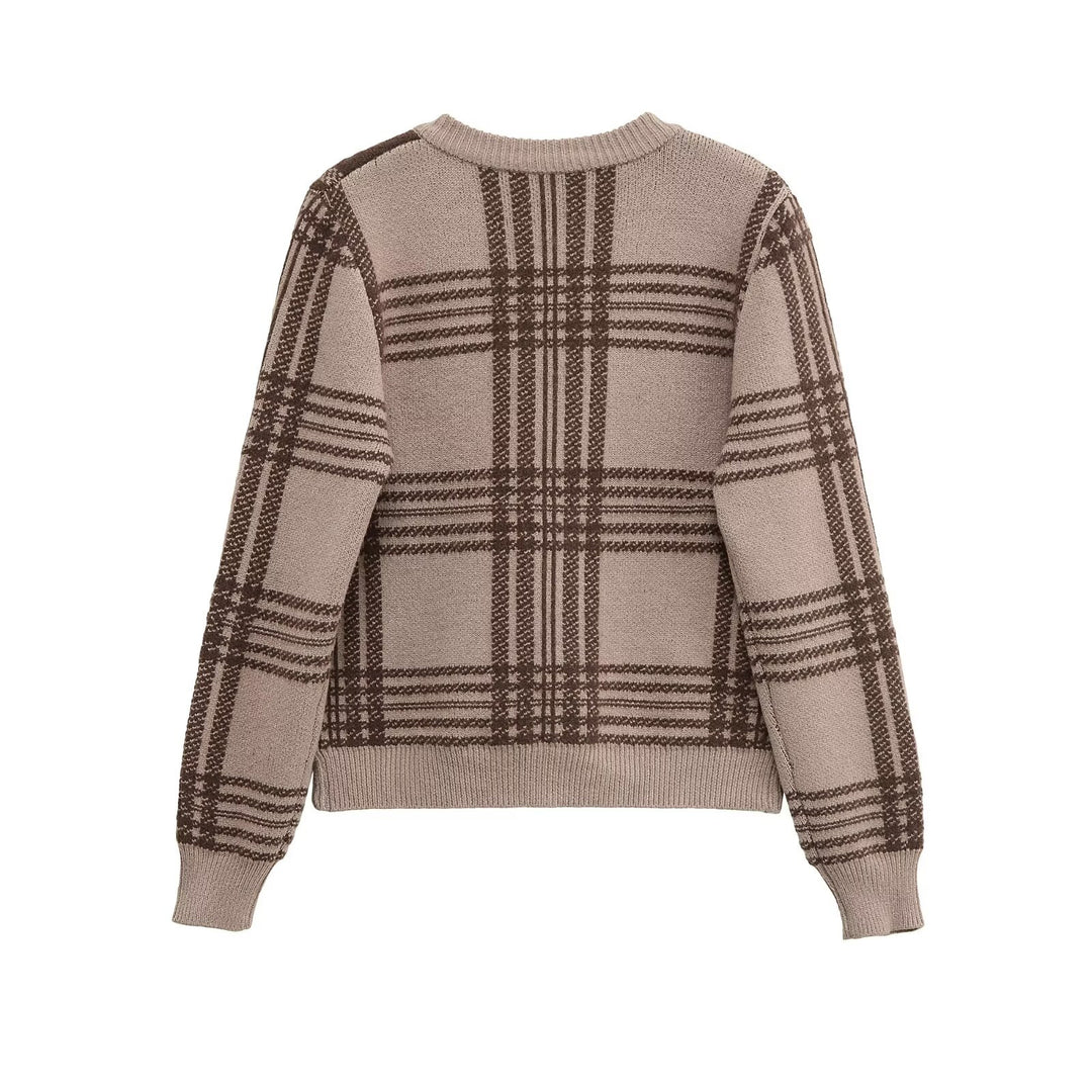 Dame cardigan i moderne flannel-look med knaplukning og elegant ternet mønster Stilla