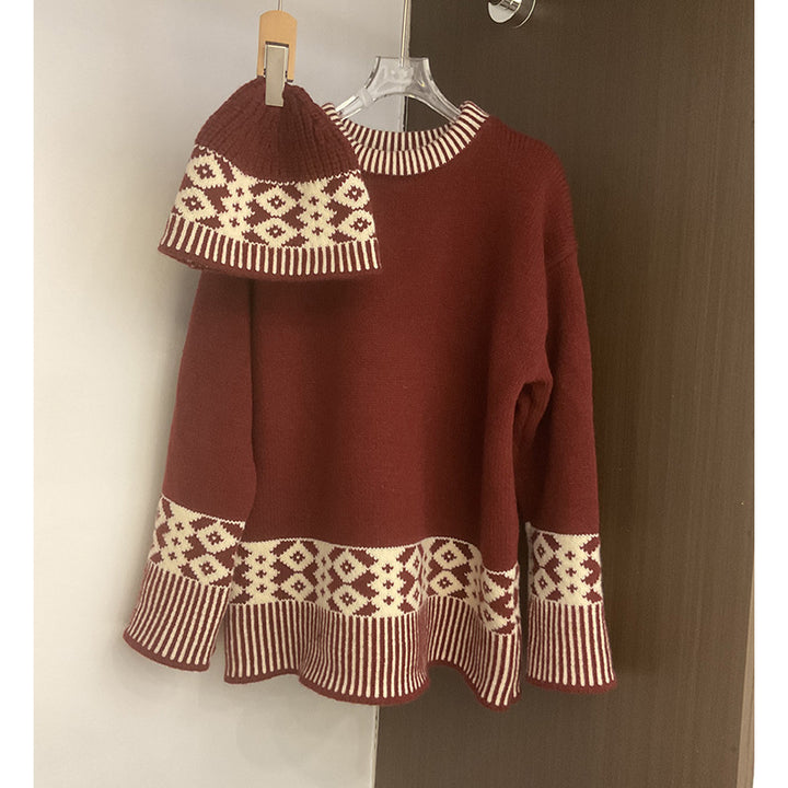 Kvinders stilfulde strikket sweater med geometrisk mønster og rund krave Stilla