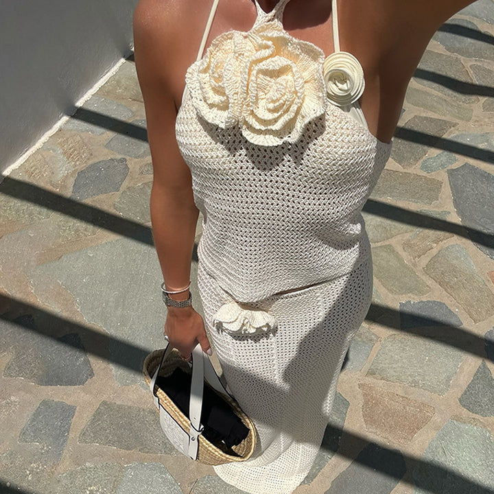 Dame hæklede top og nederdel sæt med floralt design Stilla