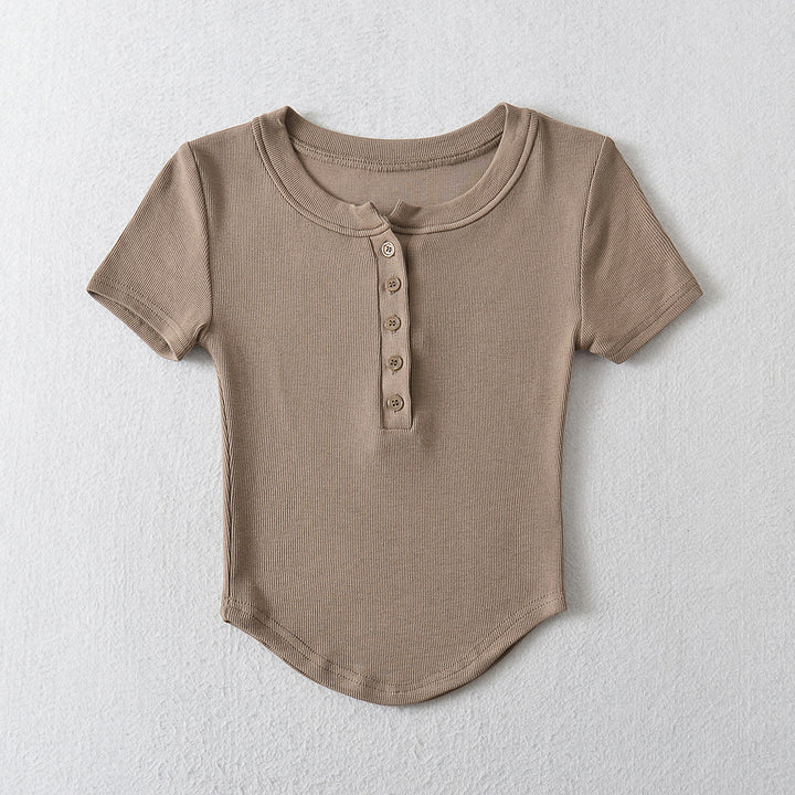 Dame kortærmet Henley-shirt med fine knapdetaljeringer og elastisk materiale Stilla