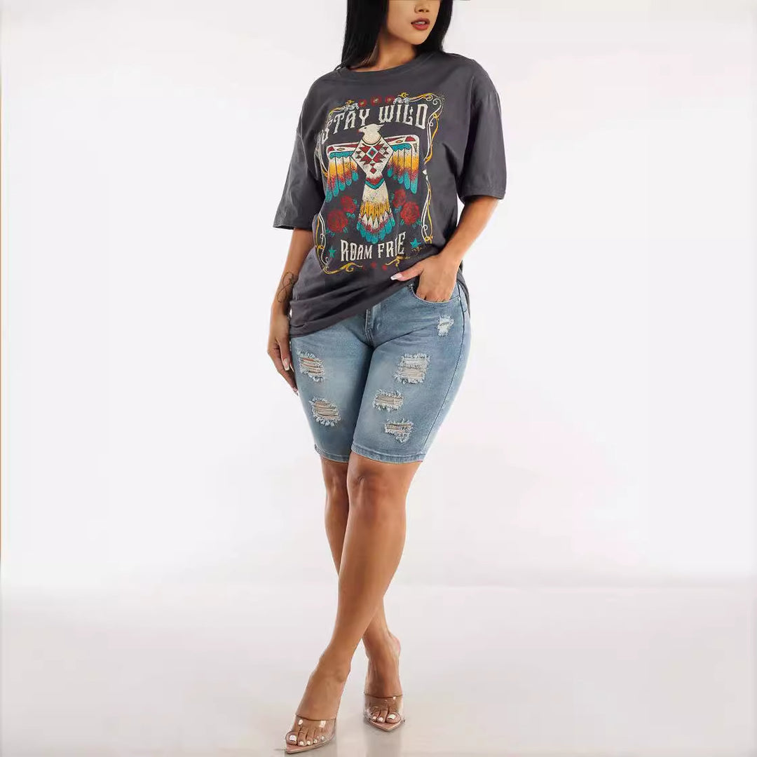 Dame Ripped Denim Shorts med justerbar talje og stilfulde dekorative lapper Stilla