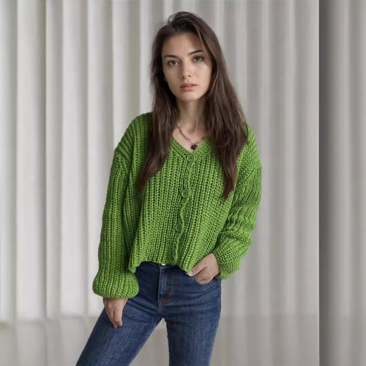 Kvinders cropped cardigan med chunky strikstruktur og store knapper Stilla