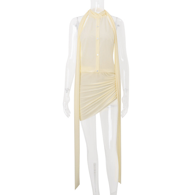 Dame Halterneck Bluse med Drapering og elegante Bindebånd Stilla