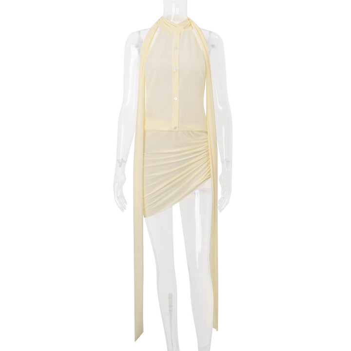 Dame Halterneck Bluse med Drapering og elegante Bindebånd Stilla