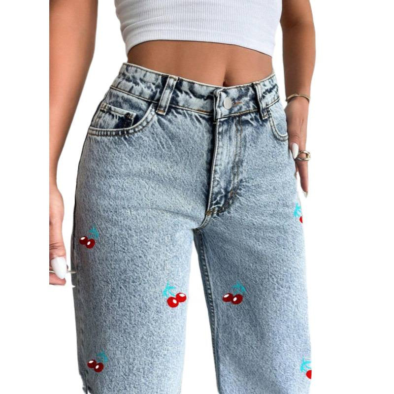 Damer Løst skåret jeans i frugtagtig broderidesign Skovae