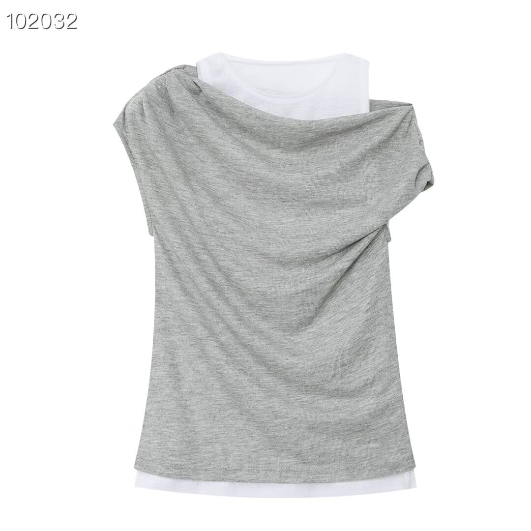 Damer casual overlay T-shirt med asymmetrisk snit og elegante folder Skovae