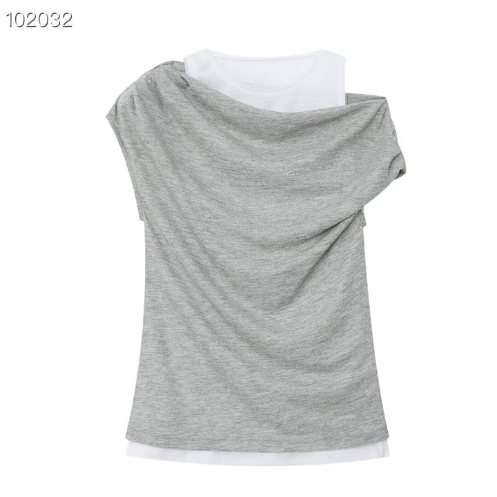 Damer casual overlay T-shirt med asymmetrisk snit og elegante folder Skovae