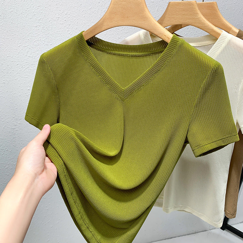 Dame V-hals T-shirt med struktureret stof Stilla