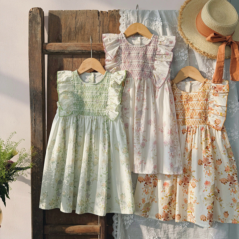 Pige Floral Smocked Kjole med Rufflesleeves Stilla