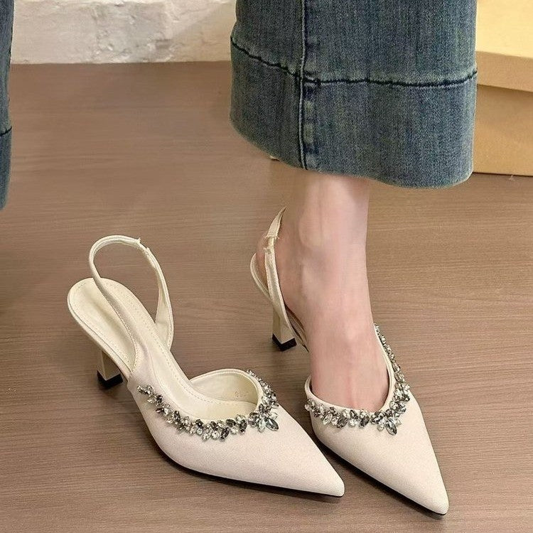 Dame Elegant Spids Tå Slingback Hæle med Strass Detaljer Stilla