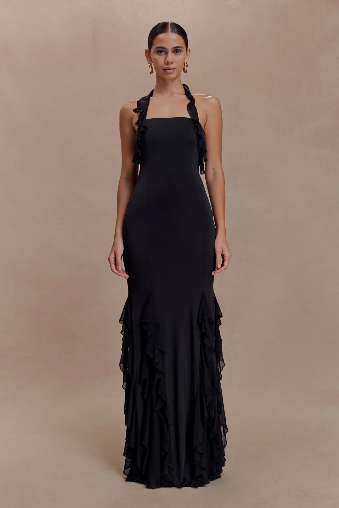 Dame Elegant Langærmet Maxikjole med Ruffles Detaljer Skovae