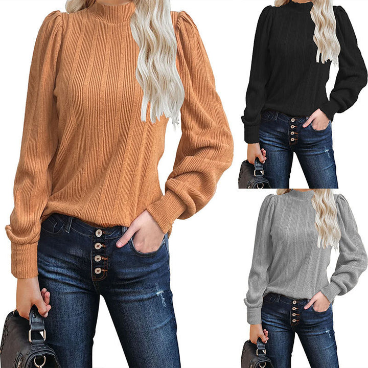 Dame trendy ribstrik-top med puffærmer Stilla