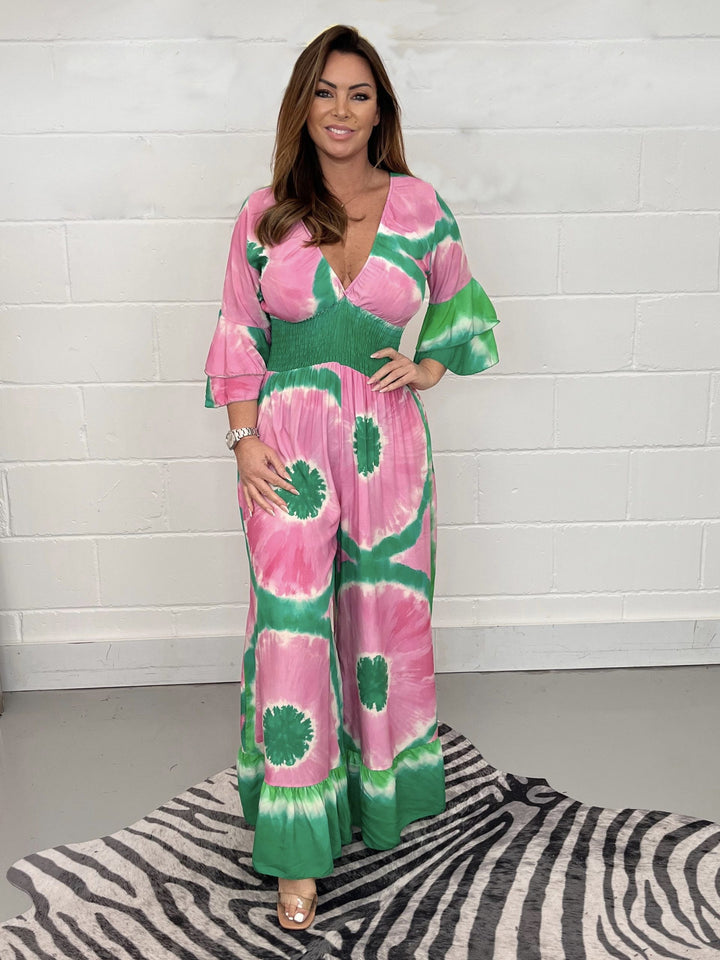 Dame Flydende Bredbenet Maxi-Jumpsuit med Livligt Batikdesign Stilla