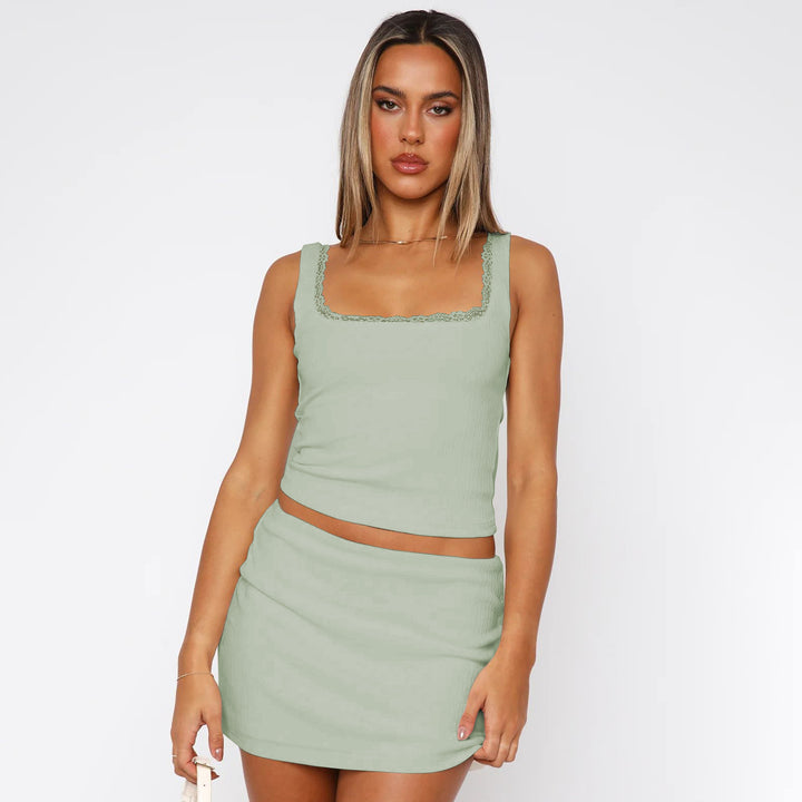 Dame Bodycon Crop-Top og Mini nederdel sæt i ribstrikdesign Stilla