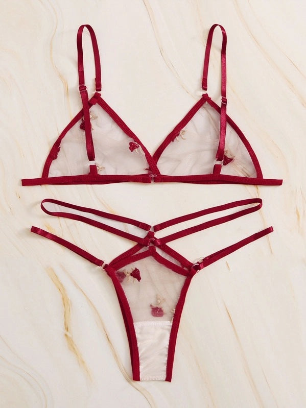 Dame Blomsterbroderi Mesh Bralette og String Sæt Stilla