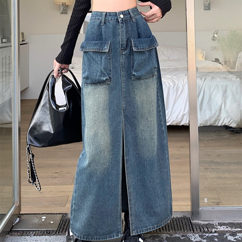 Kvinders lange denimnederdel med praktiske patchlommer Stilla