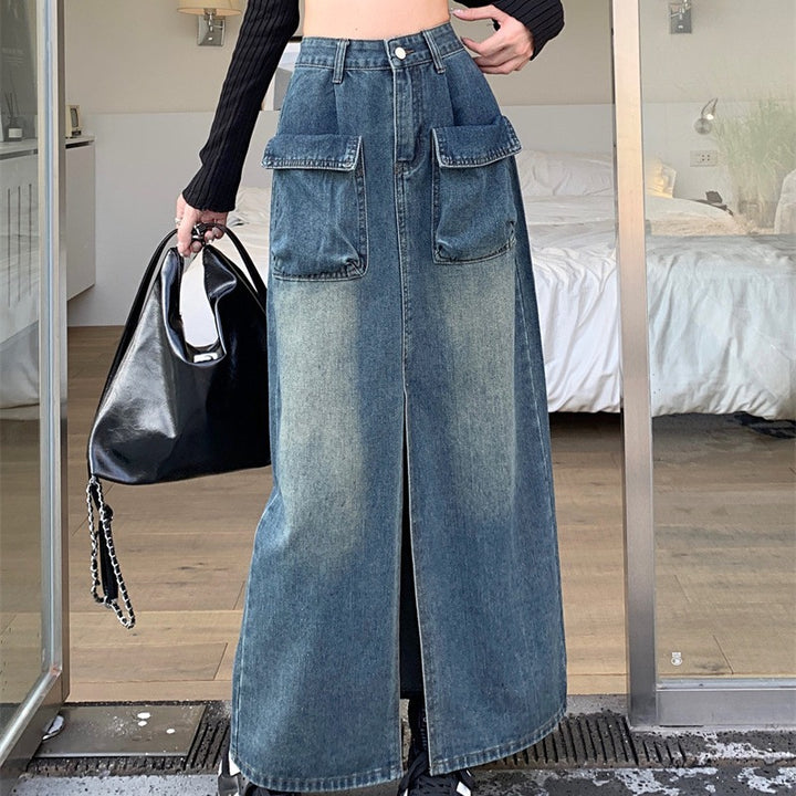 Kvinders lange denimnederdel med praktiske patchlommer Stilla