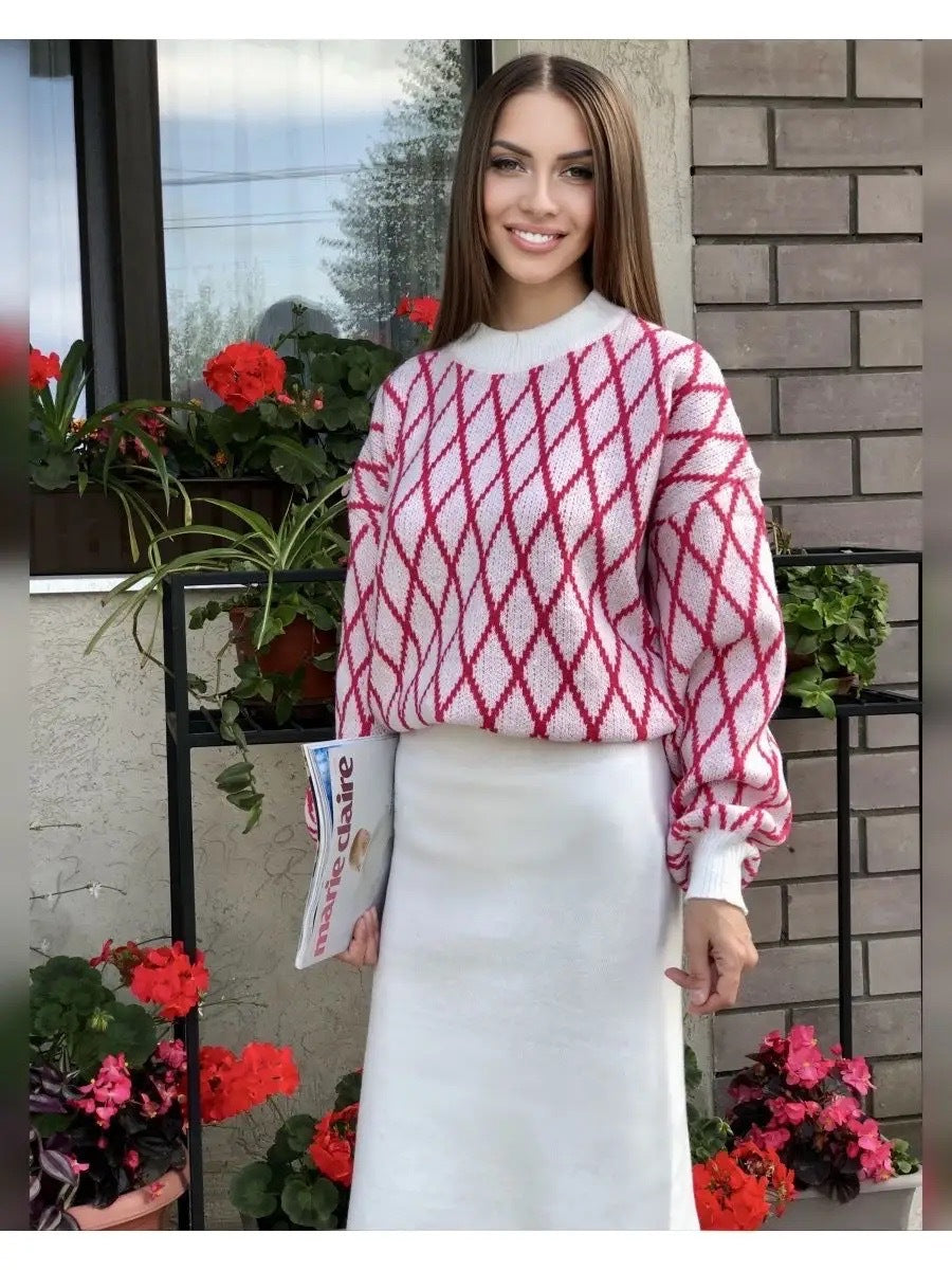 Femme Artistic Diamond Pattern Strikpullover Stilla