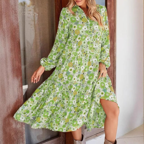 Dame Floral Print Maxi Skjorte Kjole Stilla