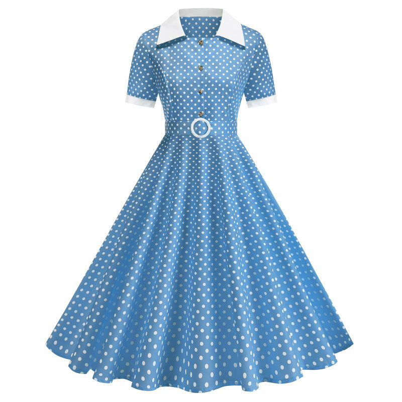 Dame Vintage Polka-Dot Kjole med knapdetaljer og svajende skørt Skovae
