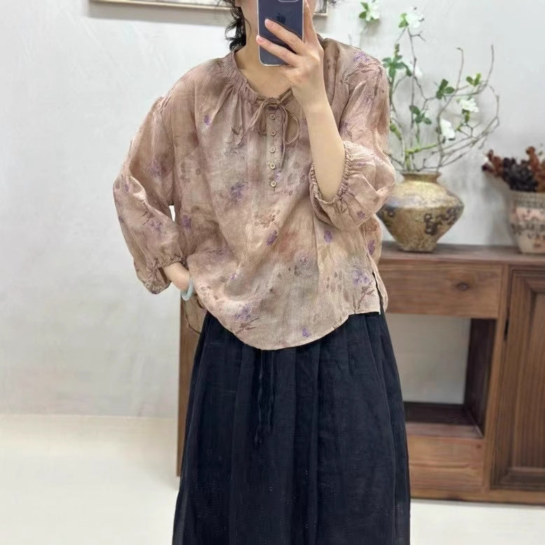 Femme Floral Print Let Knap-Bluse Stilla