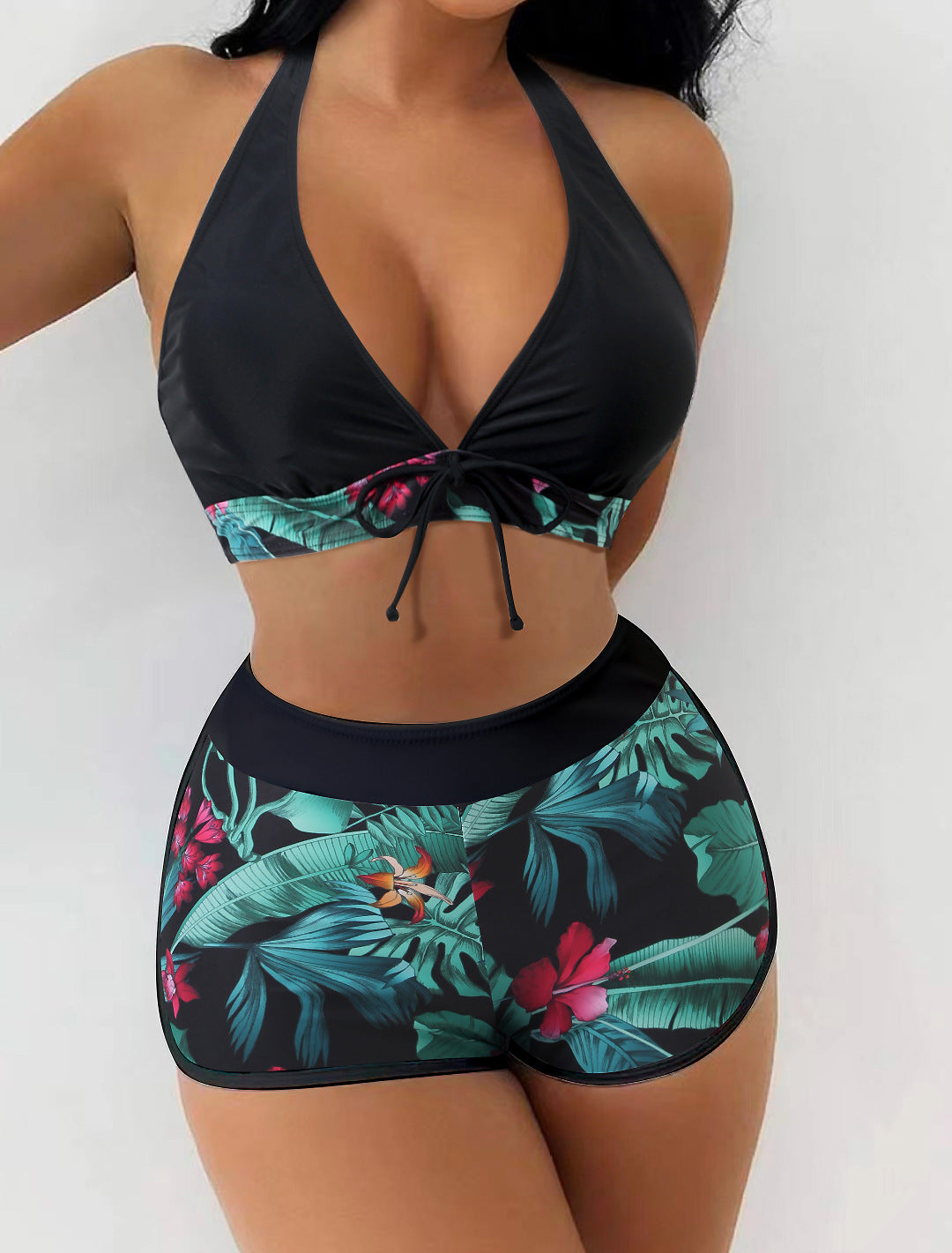 Dame Triangel-Bikini med blomsterdesign shorts