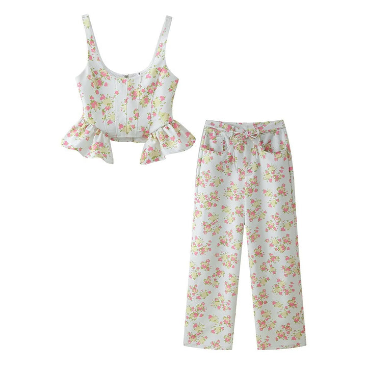 Damer blomster mønster crop-top og bukser sæt Skovae