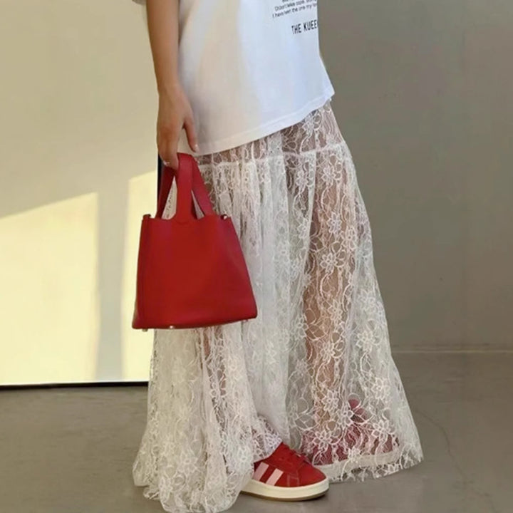 Dame spids-maxi skirt med høj slits og elegant gennemsigtighed Stilla