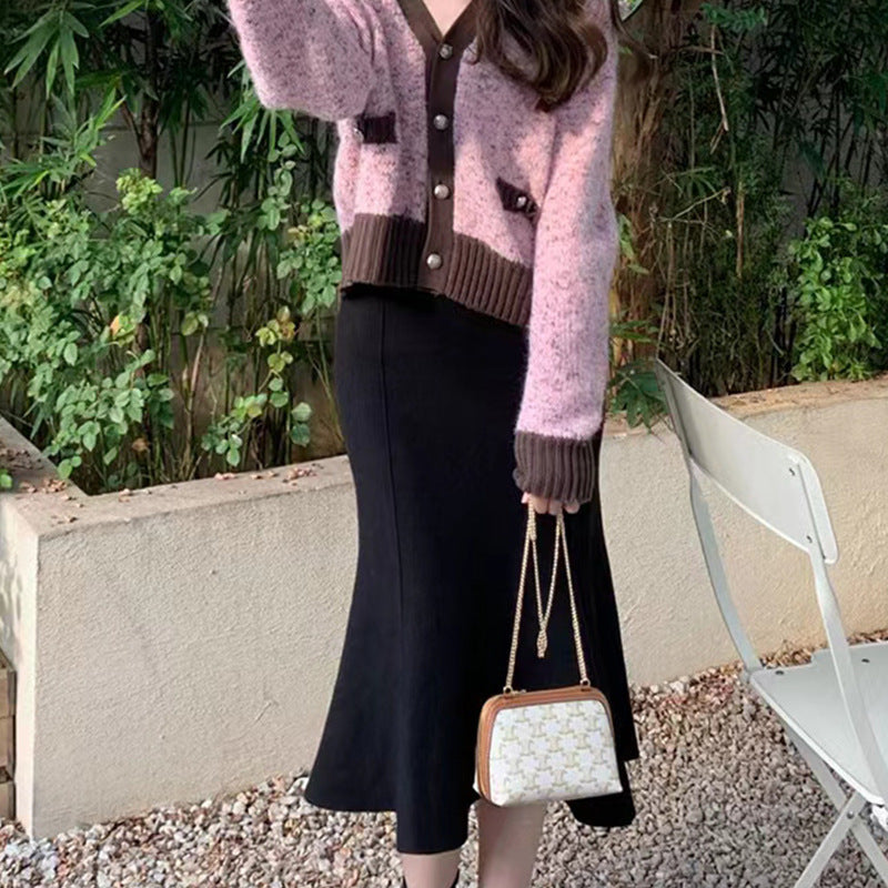 Dame Elegant Cardigan Sæt med Kontrast Detaljer og Knap Lukning Stilla