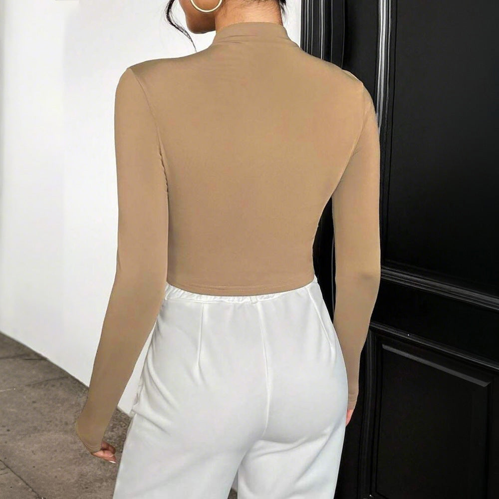 Kvindernes Langærmede Crop Top med Asymmetrisk Drapering og Elegant Ståkrave Stilla