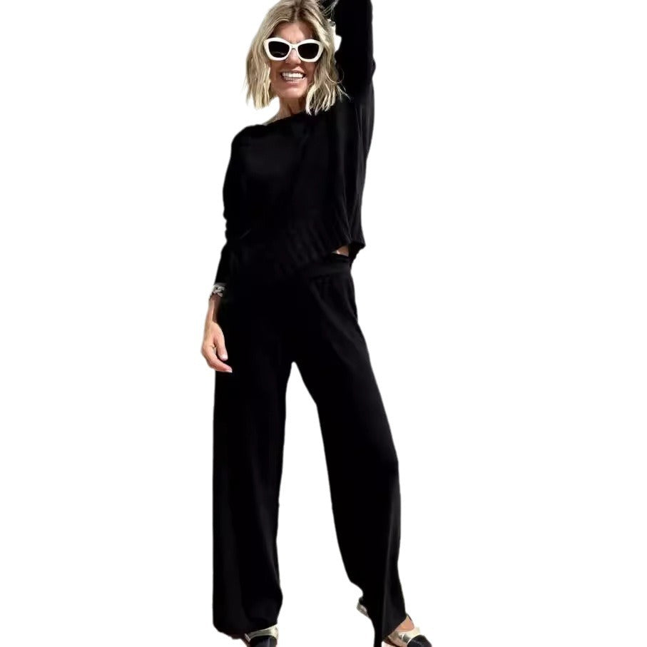Dame komfortabel strik-loungewear-sæt med vide bukser og afslappet overdel Stilla