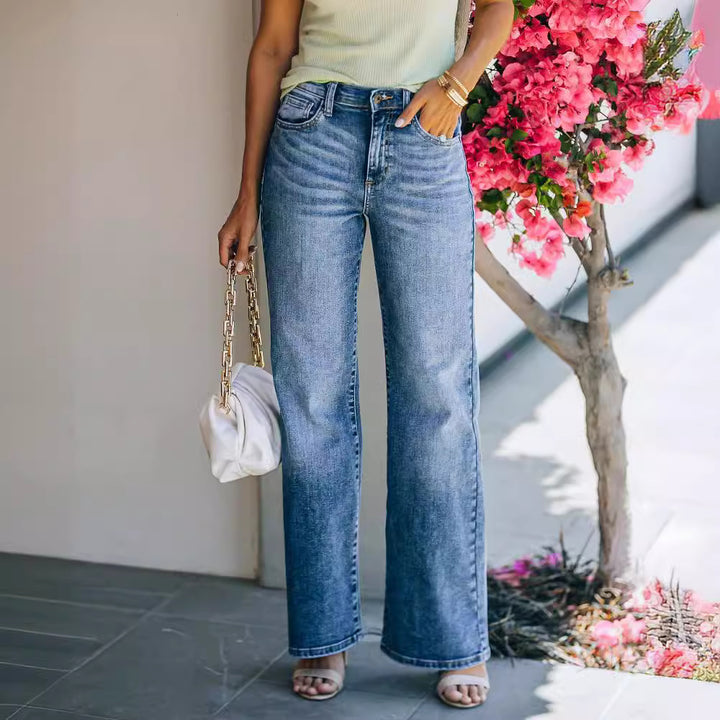 Dame Bredskåret jeans med høj talje og komfortabelt gummibånd Stilla