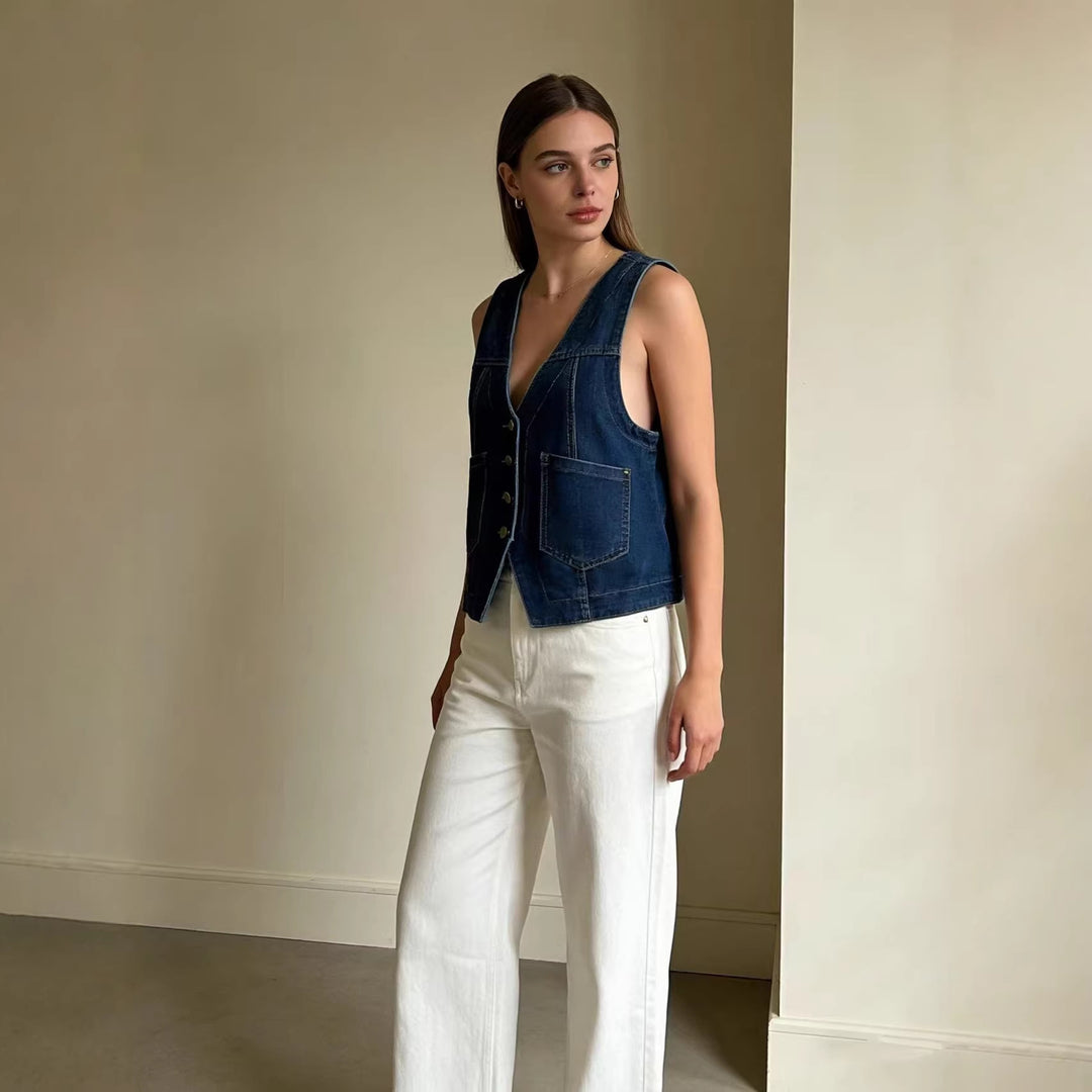 Dame casual denim vest med knapdetaljer og påsyede lommer Skovae