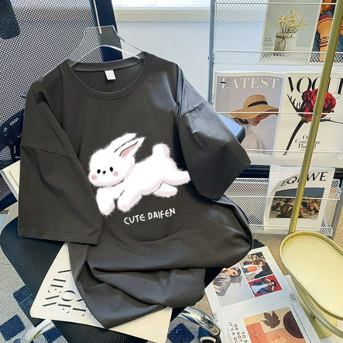 Dame T-shirt med sødt kaninmotiv og afslappet pasform Stilla