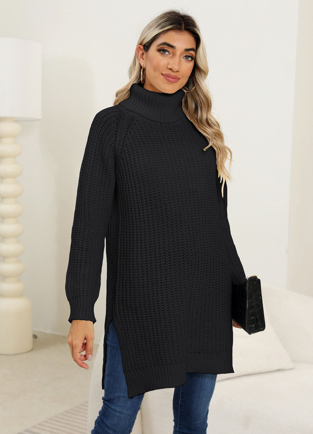 Dame finstrik pullover med høj krave og sidespalter Stilla