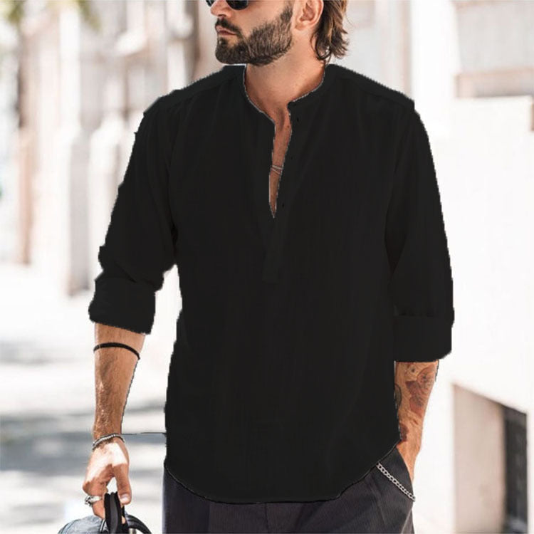 Herremodern langærmet skjorte med moderne Henley-udskæring og funktionelt design Stilla
