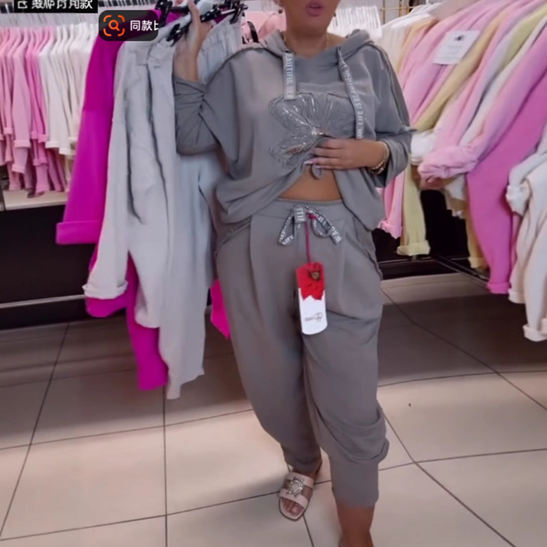 Dame nan afslappet Lounge-sæt med blomster-pailletter-hoodie, snøre og bredt buksefold Skovae