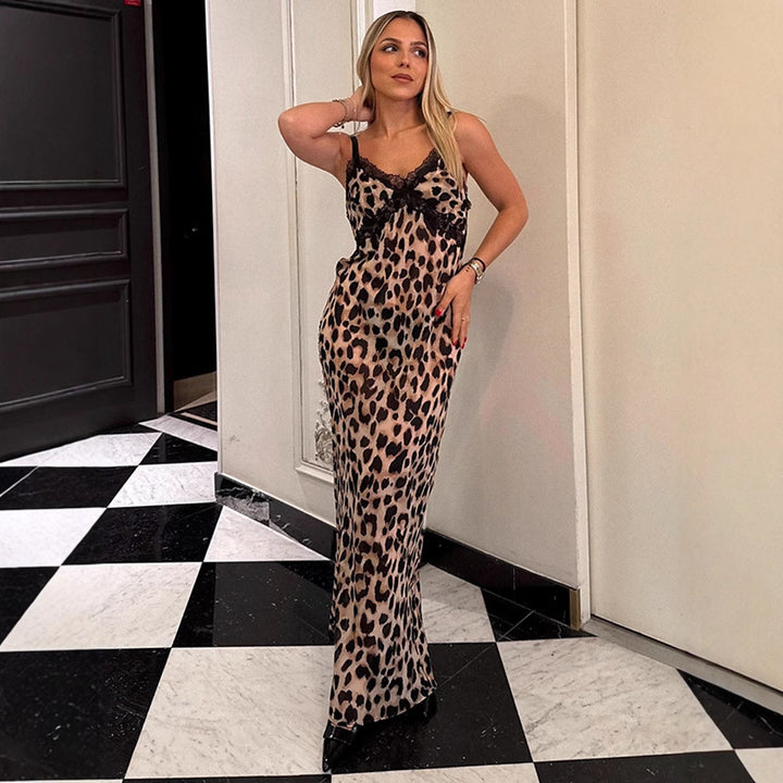Dame Elegante Maxikjole med blonde og raffineret leopardmønster Stilla