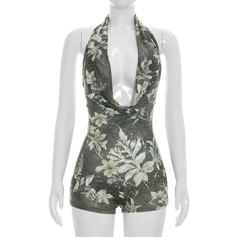 Dame Bodycon Playsuit med dyb udskæring og animal print Skovae